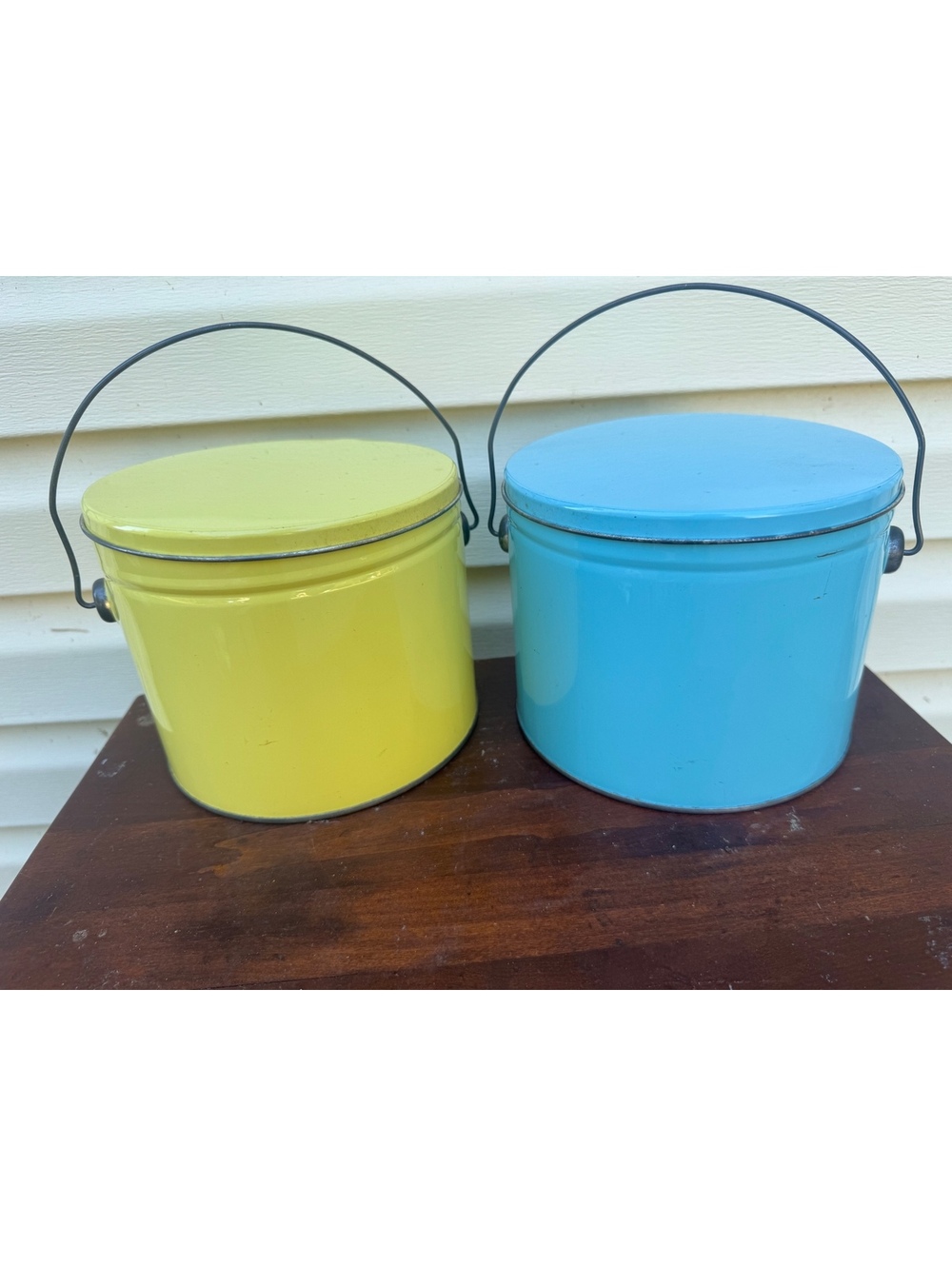 Lots of 2 Vintage POP’s Corn Popcorn Deco Tin Yellow Blue with Lids